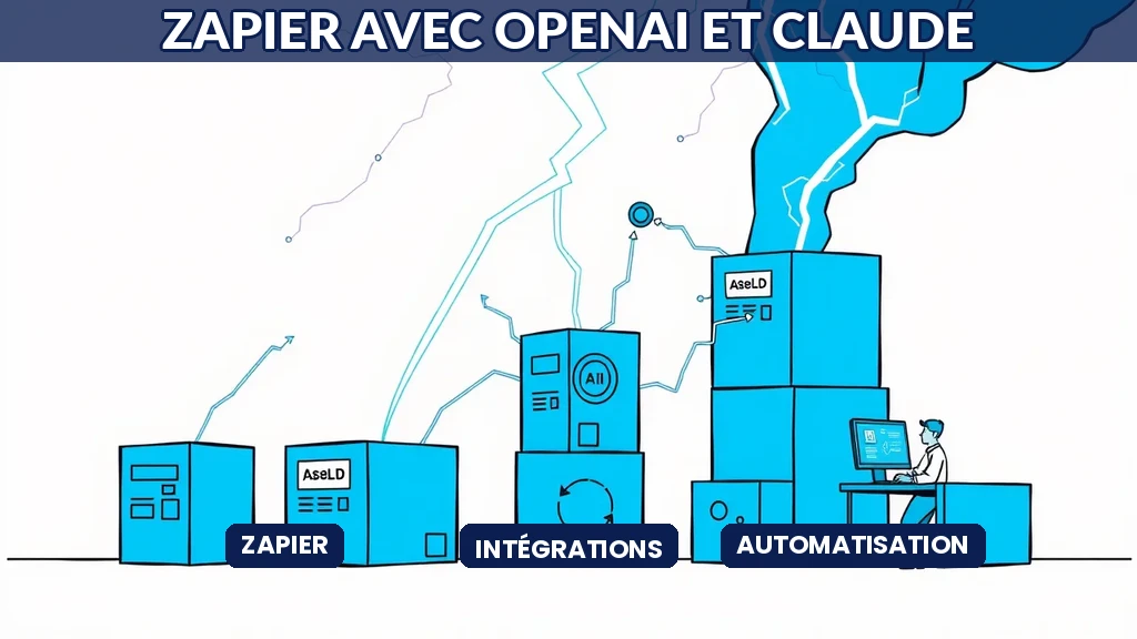 Schéma de workflows Zapier connectant OpenAI et Claude à des applications métier courantes