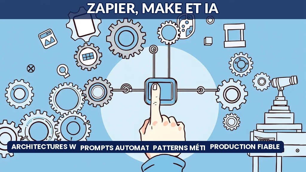 Schéma de workflows automatisés reliant Zapier et Make à des modèles IA pour des processus métier
