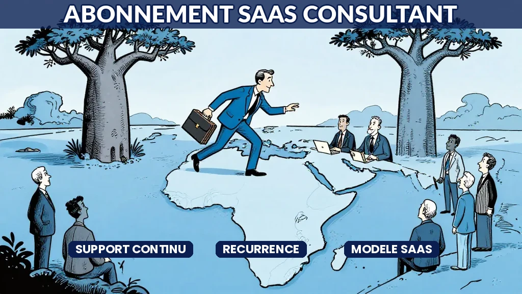 Consultant IA présentant un modèle dabonnement SaaS avec tableau de bord de suivi client sur écran