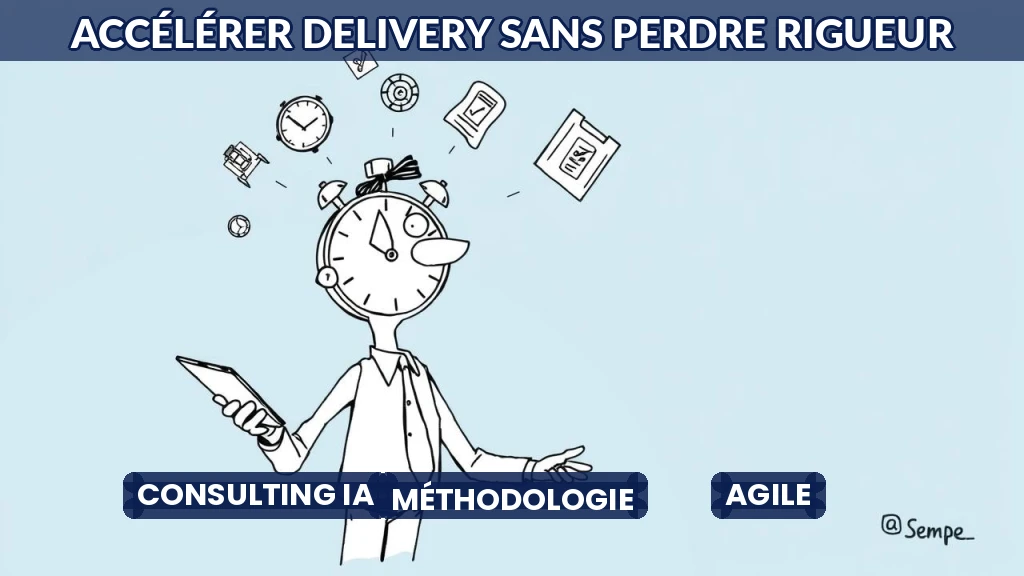 Illustration d'un consultant utilisant l'IA pour optimiser un projet avec méthode.