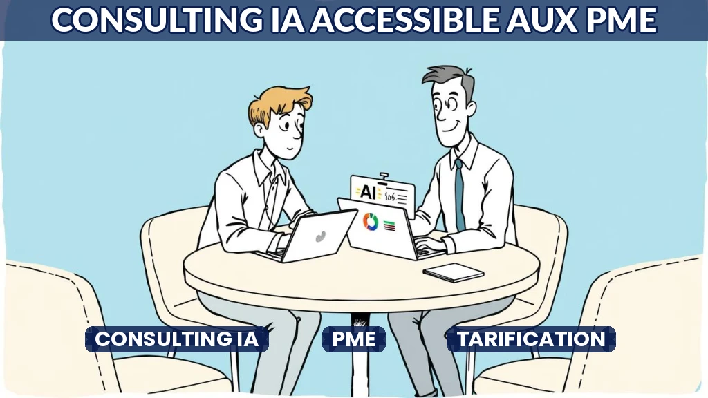 Illustration d'un consultant expliquant l'IA à un dirigeant de PME autour d'une table.