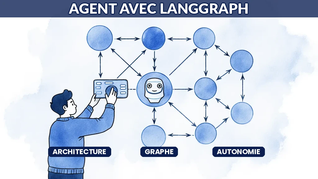 Illustration d'un développeur construisant un agent d'intelligence artificielle autonome représenté comme un graphe d'étapes connectées