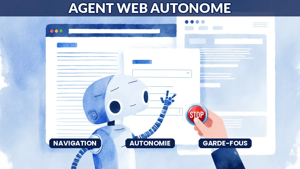 Illustration d'un agent d'intelligence artificielle naviguant de manière autonome sur le web pour accomplir une tâche