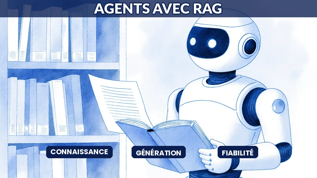 Illustration d'un agent d'intelligence artificielle consultant une bibliothèque de connaissances internes avant de générer ses réponses