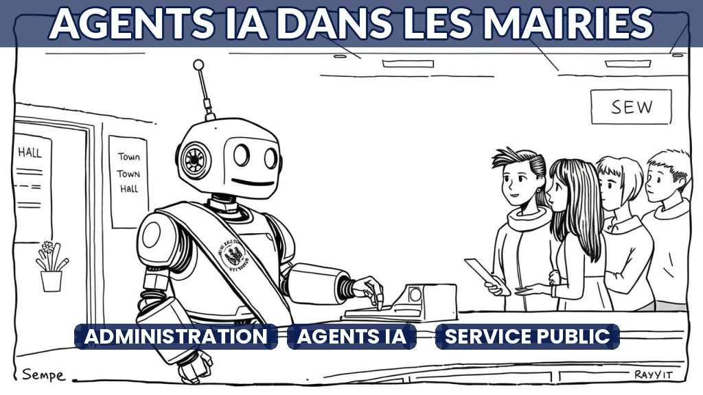 Illustration d'un agent conversationnel interagissant avec des citoyens dans une mairie.