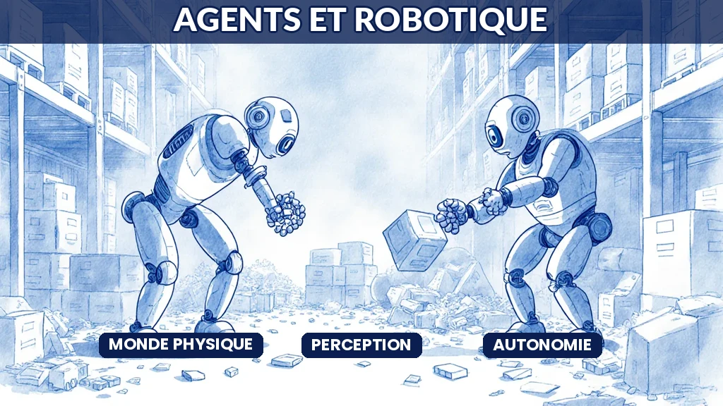 Illustration de robots pilotés par des agents d'intelligence artificielle accomplissant des tâches physiques dans un environnement réel