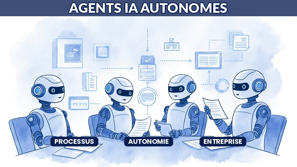 Illustration d'agents d'intelligence artificielle autonomes orchestrant des processus métier dans une entreprise de manière coordonnée