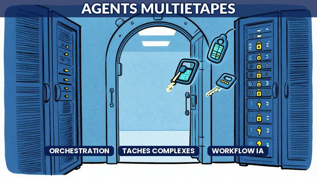 Schéma dun agent IA multiétapes décomposant une tâche complexe en sous-objectifs reliés par des flèches de progression