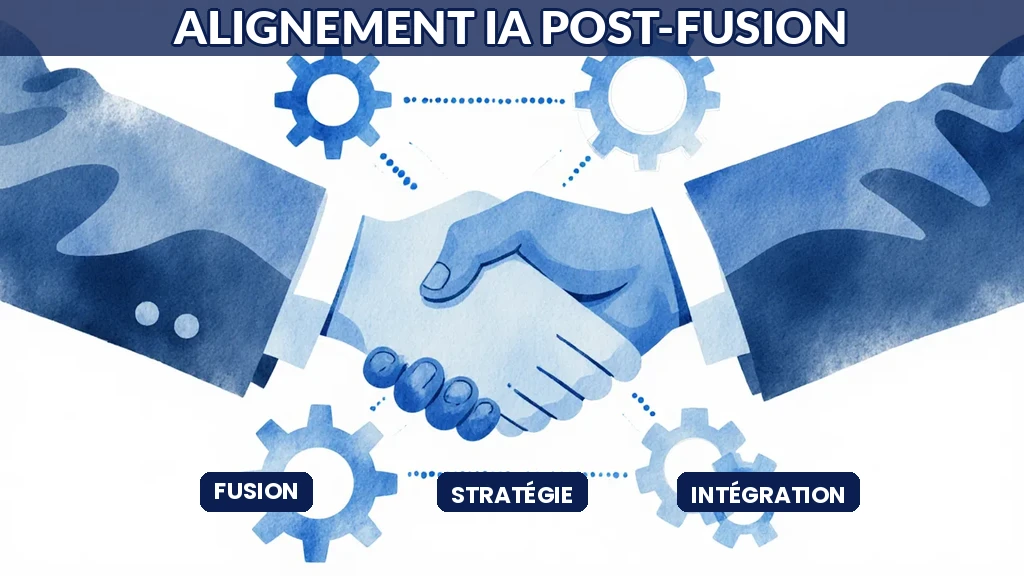 Illustration de deux entreprises fusionnant leurs systèmes d'intelligence artificielle autour d'une stratégie commune et alignée