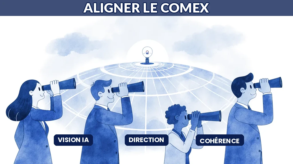 Illustration d'un comité de direction partageant une vision commune et alignée de l'intelligence artificielle pour l'entreprise