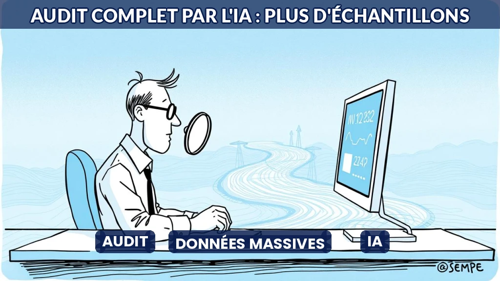 Illustration d'un auditeur analysant des flux de données complets avec l'IA.