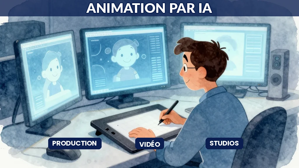 Illustration d'un studio d'animation où une intelligence artificielle aide un artiste à générer des images de contenu vidéo animé