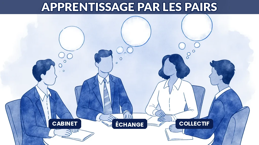Illustration de consultants en IA échangeant leurs savoirs lors d'un atelier entre pairs dans une ambiance collaborative