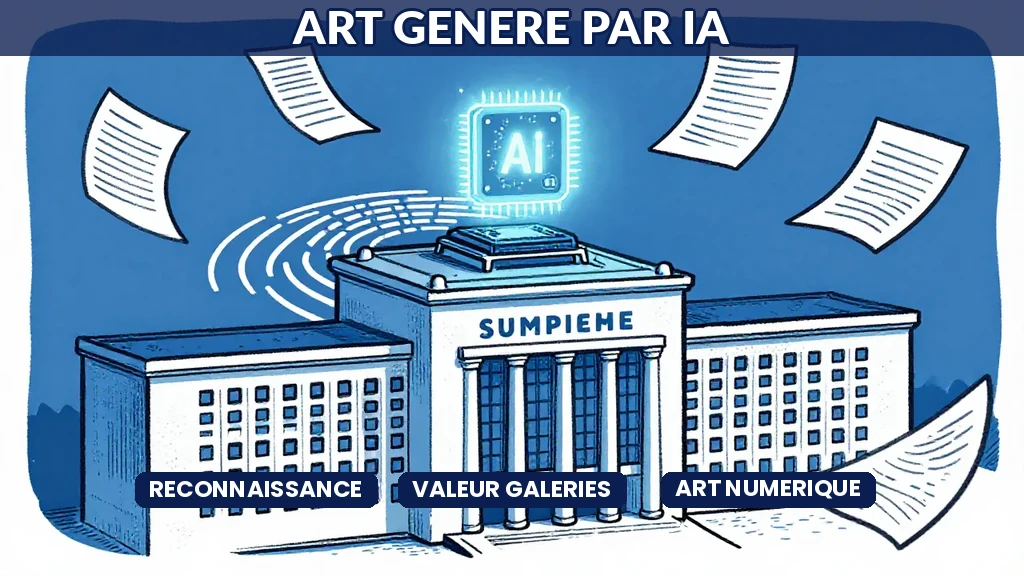 Oeuvre dart générée par intelligence artificielle exposée dans une galerie contemporaine avec visiteurs