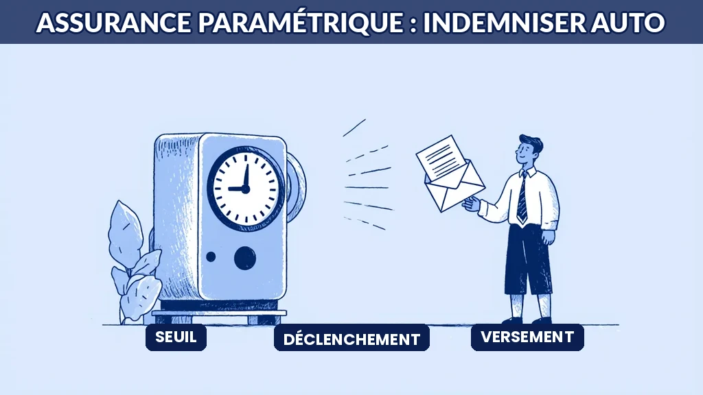Illustration de l'assurance paramétrique où l'IA déclenche automatiquement l'indemnisation