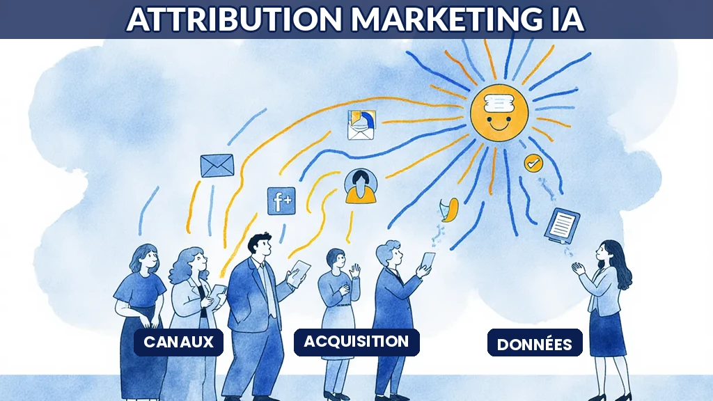 Illustration d'une équipe marketing analysant grâce à l'IA quels canaux contribuent réellement à l'acquisition de clients