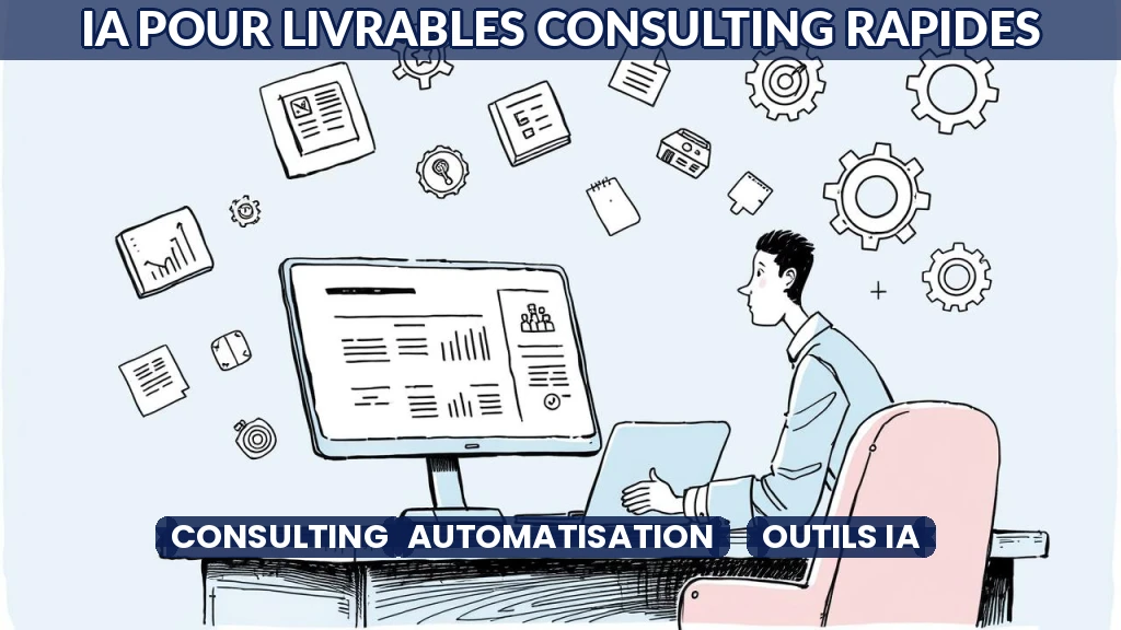 Illustration d'un consultant utilisant des outils IA pour générer des livrables.