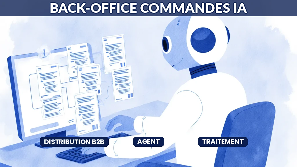 Illustration d'un agent d'intelligence artificielle traitant les commandes du back-office d'un distributeur B2B de bout en bout
