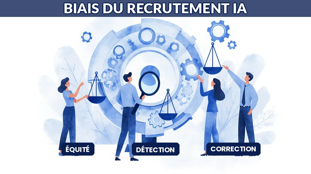 Illustration d'une équipe RH détectant et corrigeant les biais d'un système de recrutement par intelligence artificielle pour plus d'équité