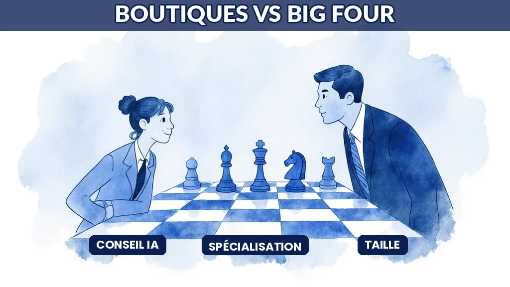 Illustration opposant une boutique de conseil IA agile et un grand cabinet traditionnel se disputant des missions en intelligence artificielle