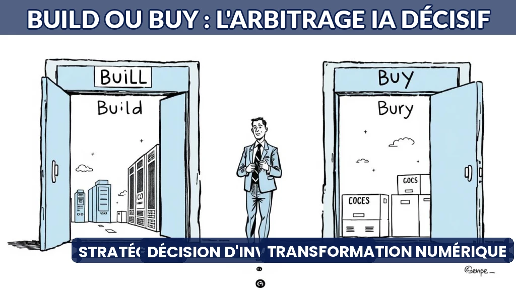 Illustration d'un dirigeant devant deux portes : une marquée 'Build' et l'autre 'Buy', symbolisant le choix IA.