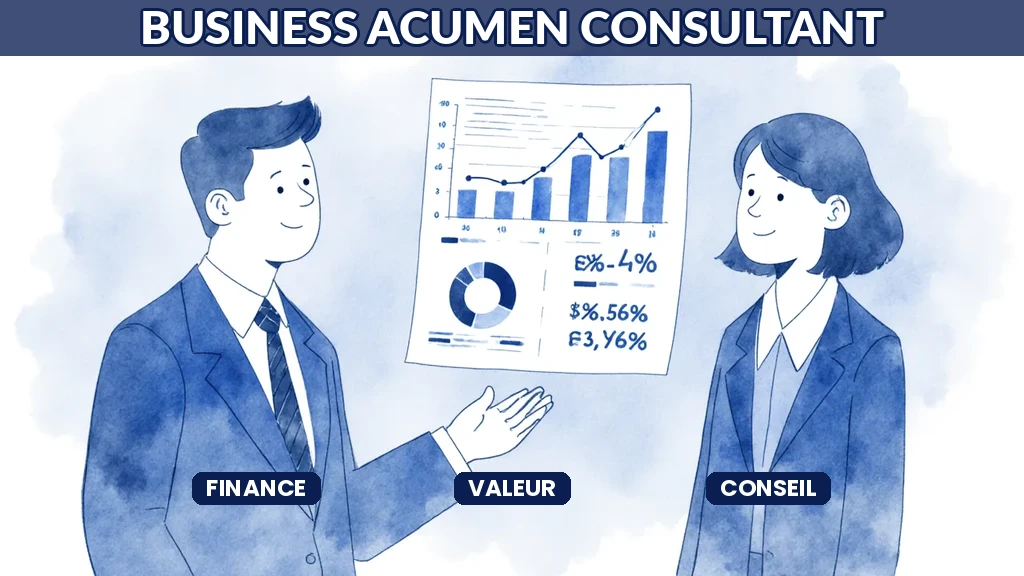 Illustration d'un consultant en IA dialoguant avec un dirigeant en s'appuyant sur des arguments financiers et économiques solides