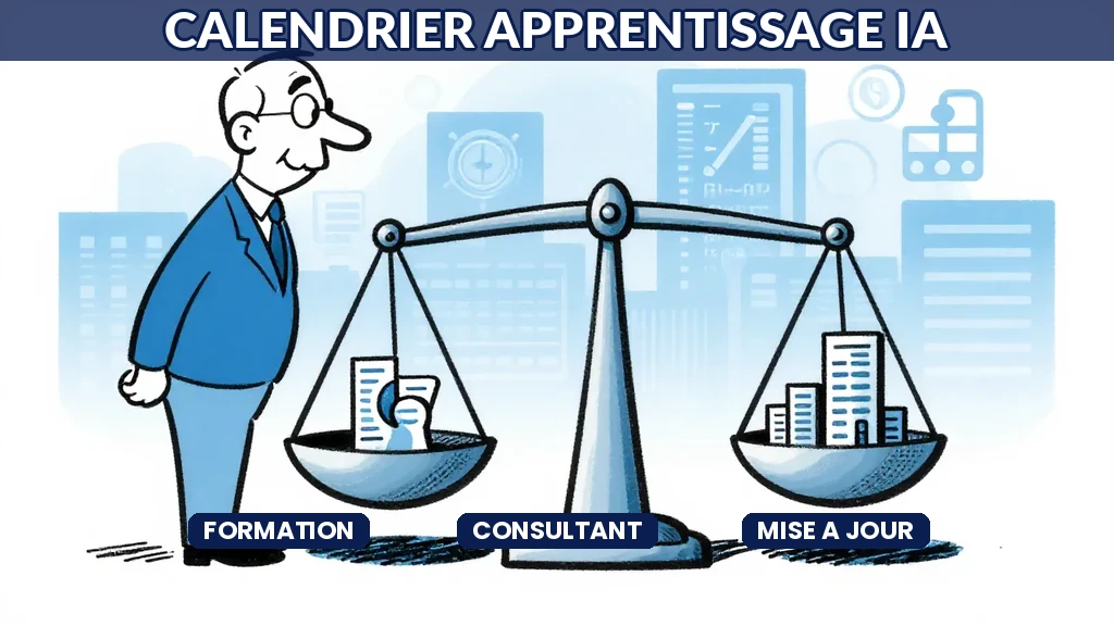 Consultant IA organisant son calendrier annuel de formation avec des blocs thématiques et jalons de certification