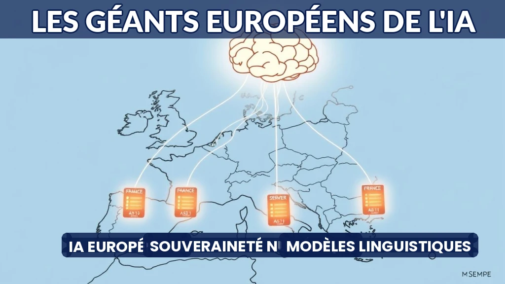 Carte stylisée de l'Europe avec des icônes de serveurs et d'intelligence artificielle.