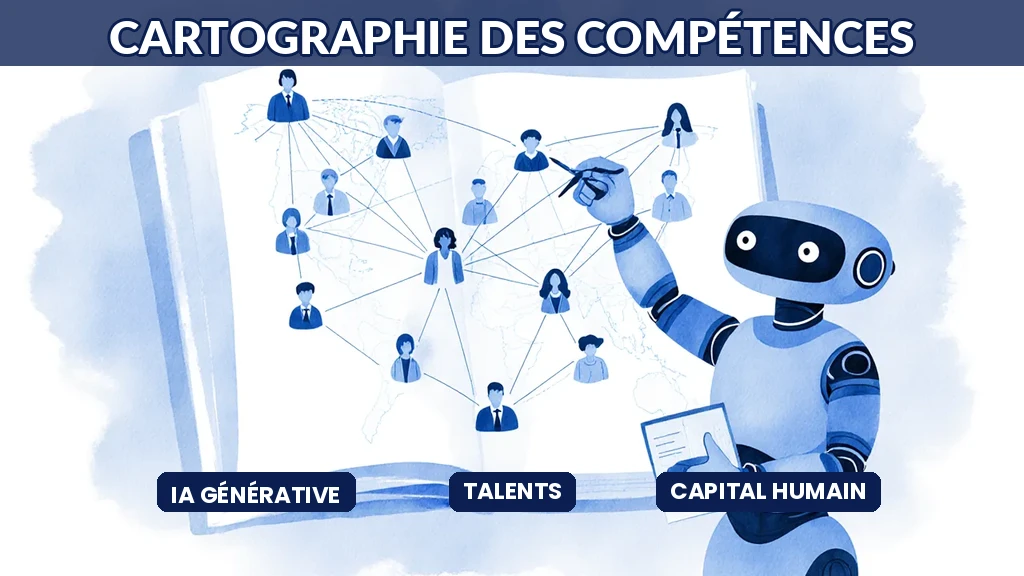 Illustration d'une intelligence artificielle cartographiant finement les compétences réelles des équipes d'une entreprise
