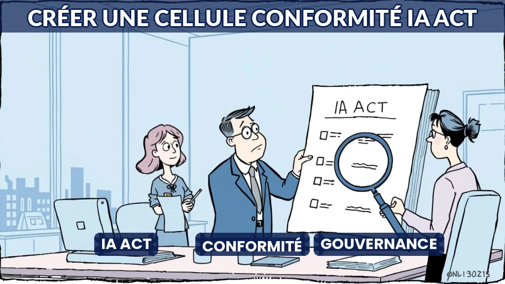 Équipe analysant des documents de conformité IA Act autour d'une table.