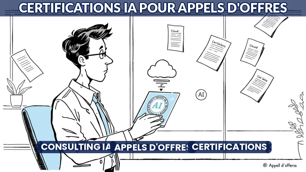 Consultant examinant des certifications cloud et IA sur un écran transparent.