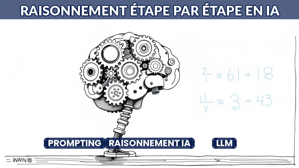 Illustration d'un cerveau mécanique résolvant un problème étape par étape.