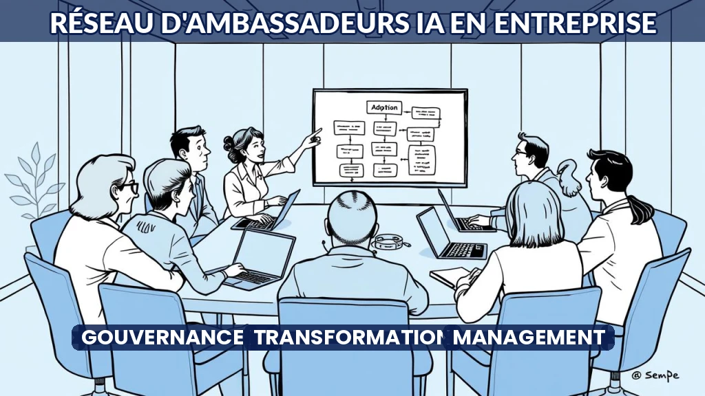 Réseau d'ambassadeurs IA échangeant autour d'une table dans un bureau moderne.