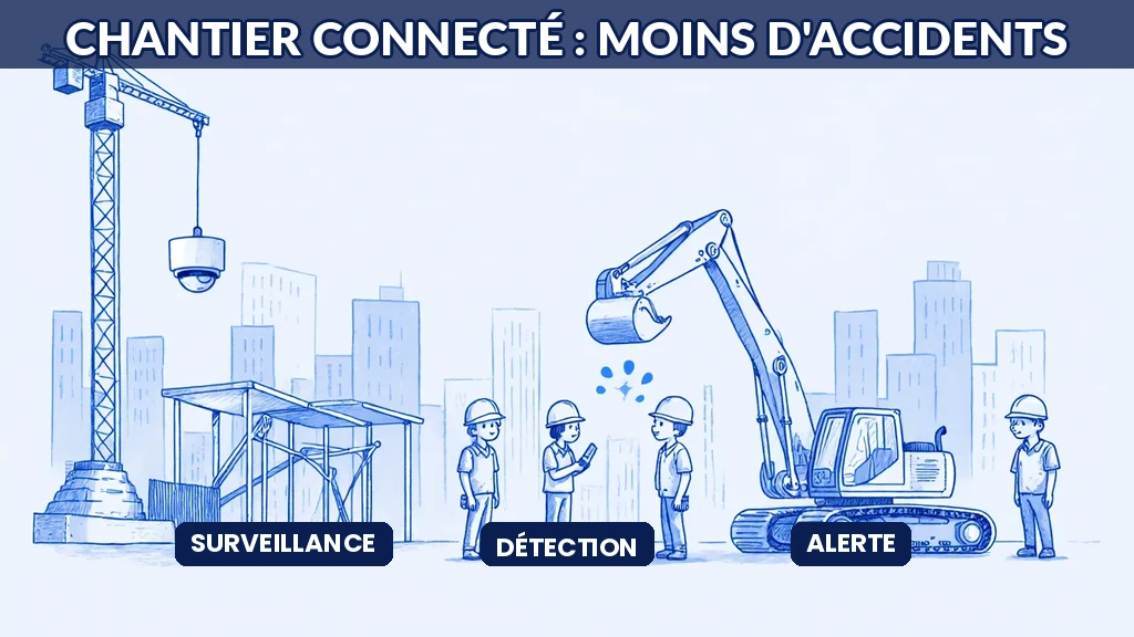 Illustration d'un chantier connecté où l'IA aide à prévenir les accidents