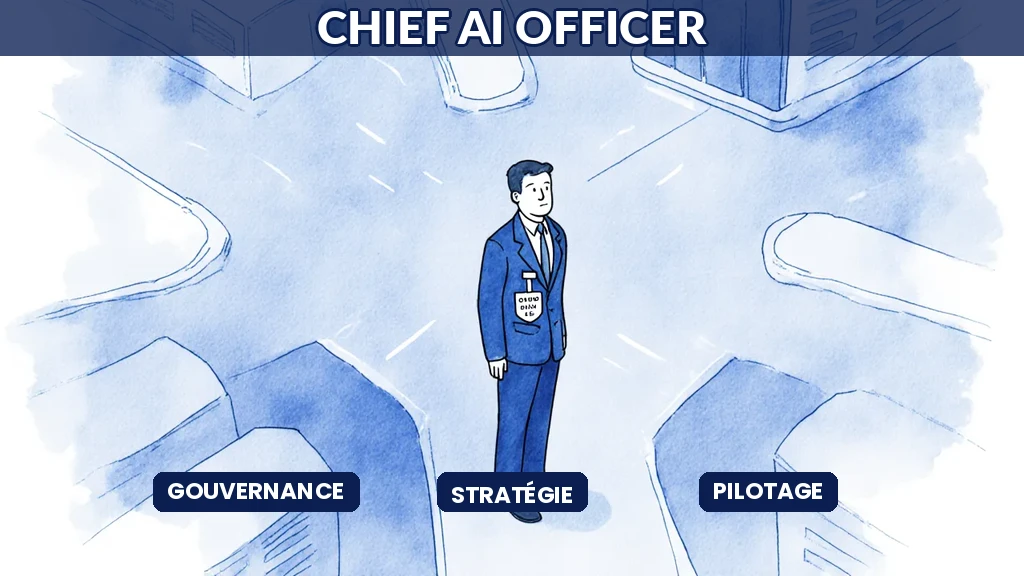 Illustration d'un Chief AI Officer pilotant la stratégie d'intelligence artificielle au sein de la direction de l'entreprise