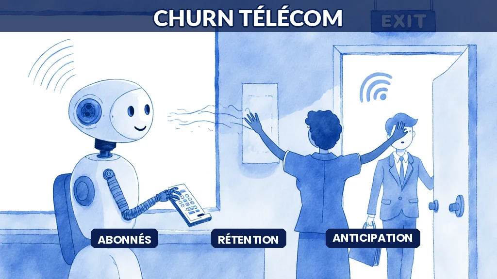Illustration d'un opérateur télécom utilisant l'IA pour repérer les abonnés sur le départ et les retenir avec des offres adaptées