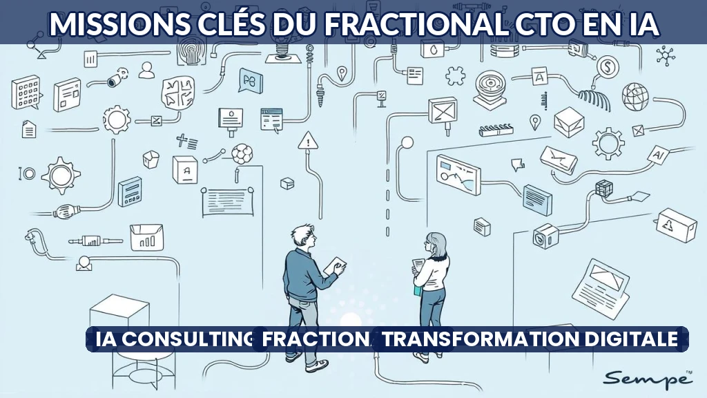 Illustration d'un expert en IA travaillant avec des outils technologiques pour guider une entreprise.