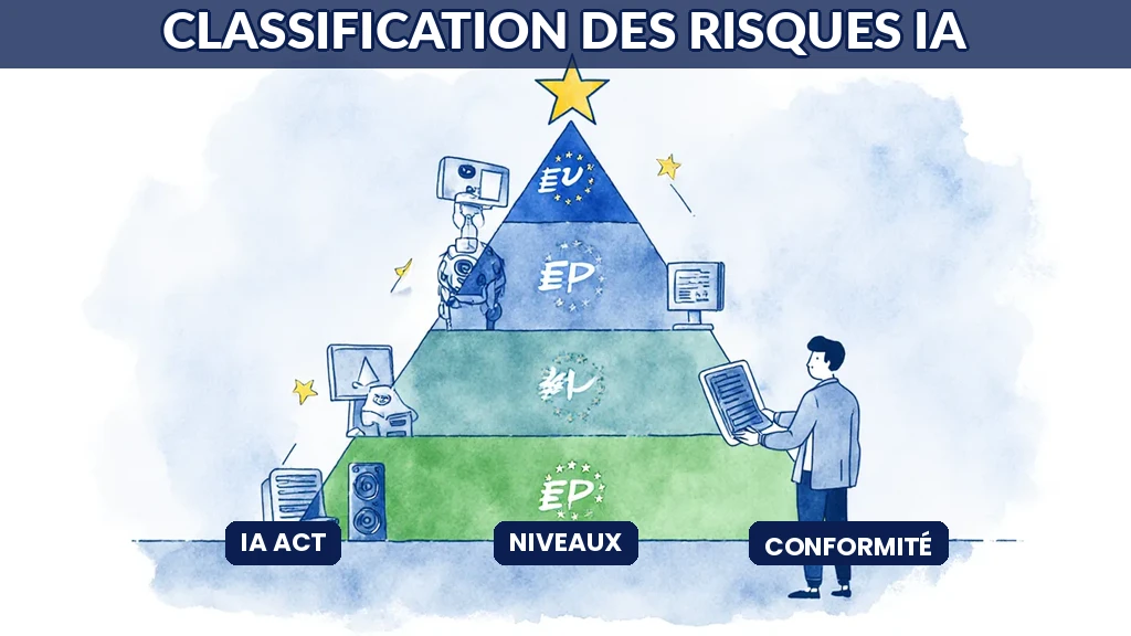 Illustration d'une entreprise classant ses systèmes d'intelligence artificielle selon les niveaux de risque du cadre européen