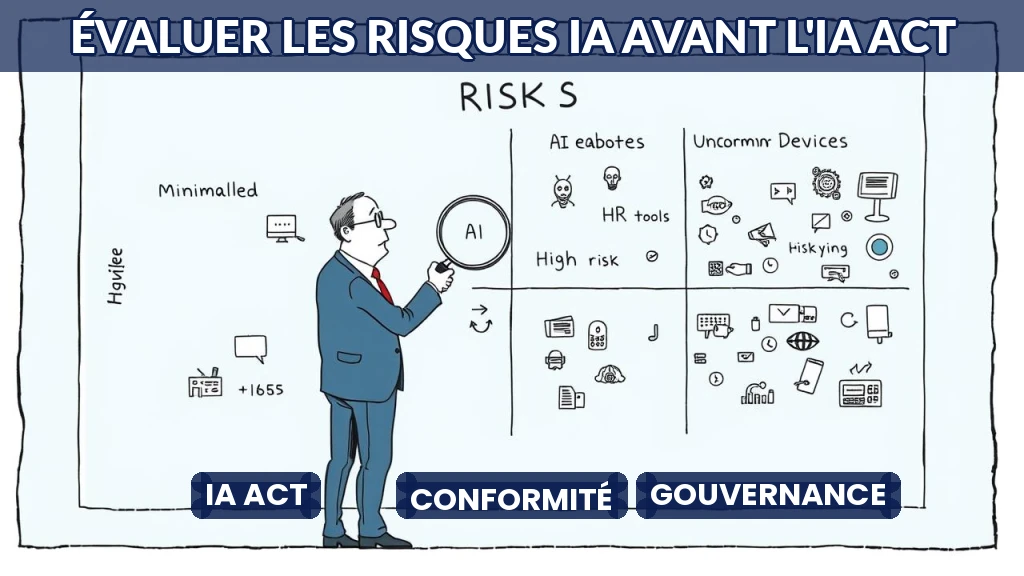 Illustration d'un dirigeant analysant des niveaux de risque IA sur un tableau transparent.