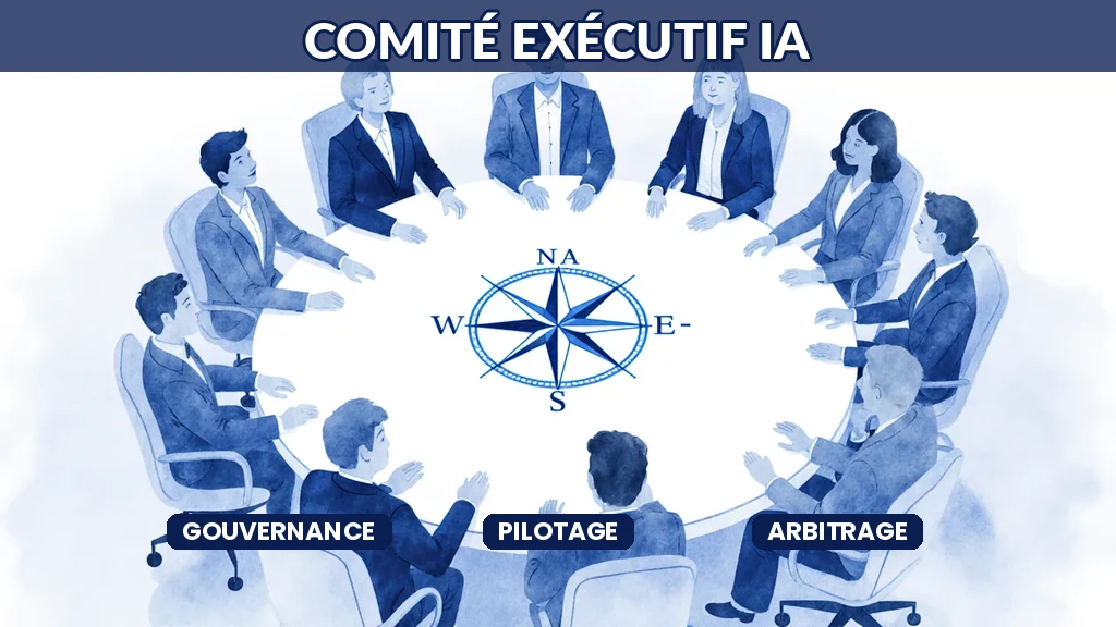 Illustration d'un comité exécutif réuni autour de la table pour piloter la stratégie d'intelligence artificielle de l'entreprise