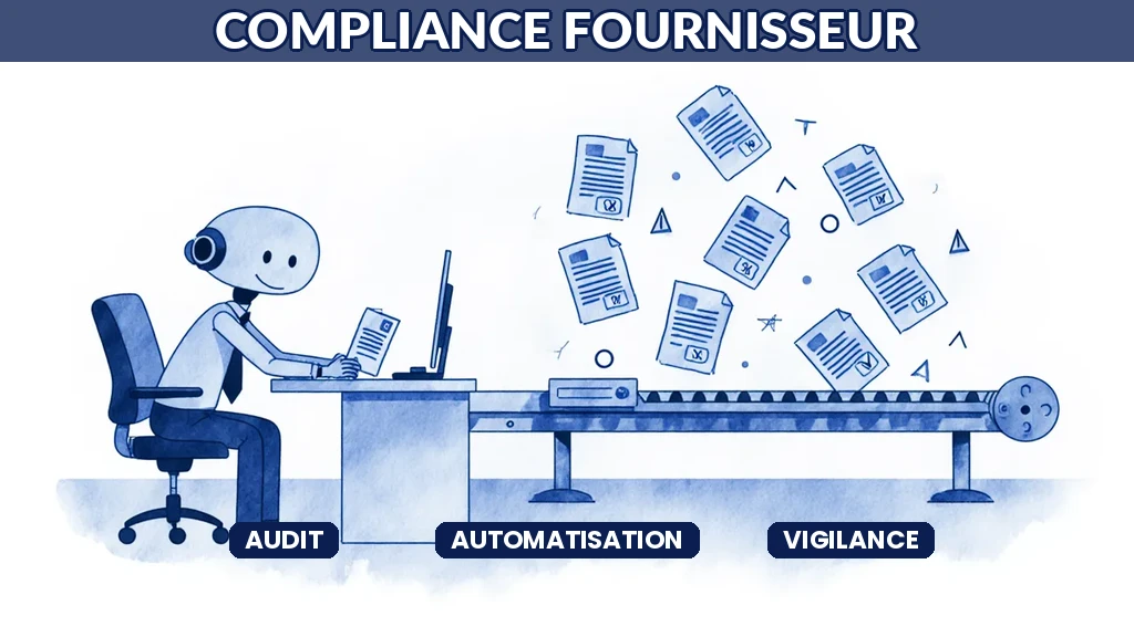 Illustration d'une intelligence artificielle vérifiant automatiquement la conformité de milliers de fournisseurs sur un tableau de contrôle