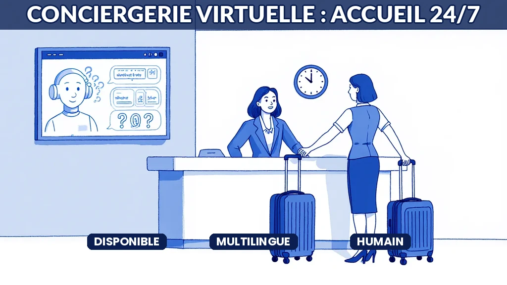 Illustration d'une conciergerie virtuelle accueillant les voyageurs à toute heure grâce à l'IA