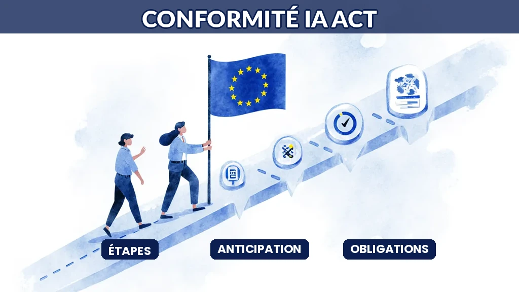 Illustration d'une entreprise suivant une feuille de route par étapes pour se mettre en conformité avec l'IA Act européen