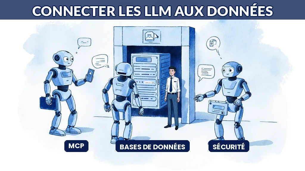 Illustration de plusieurs modèles de langage connectés aux bases de données d'une entreprise via un protocole standardisé