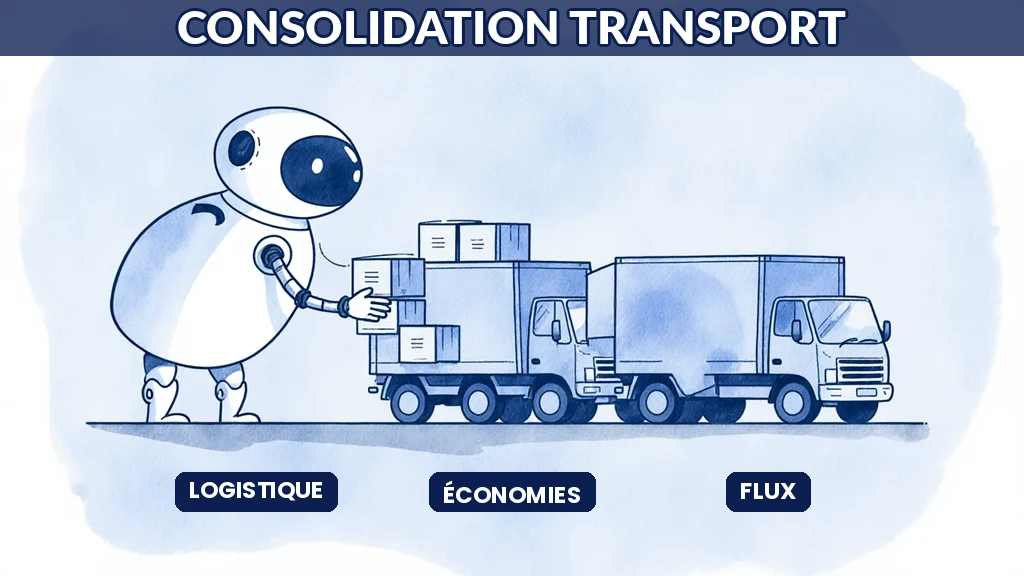 Illustration d'une intelligence artificielle consolidant intelligemment des flux de transport pour réduire les coûts logistiques