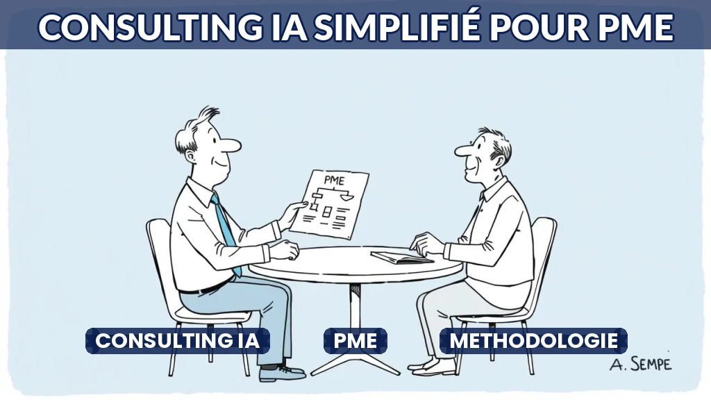 Illustration d'un consultant expliquant une méthodologie simplifiée à un dirigeant de PME.