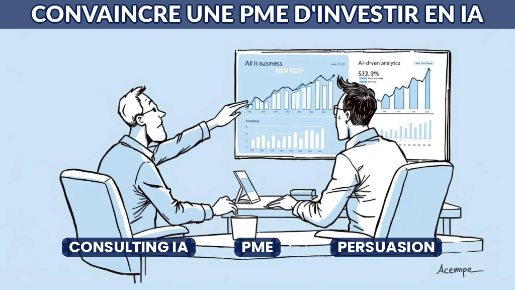 Un dirigeant de PME examine un écran montrant des données et des opportunités liées à l'IA.