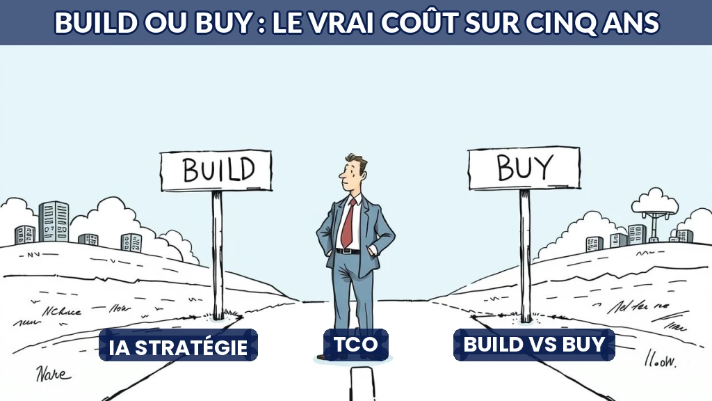 Balance comparant deux piles de pièces, l'une étiquetée Build, l'autre Buy, sur fond de graphique financier.