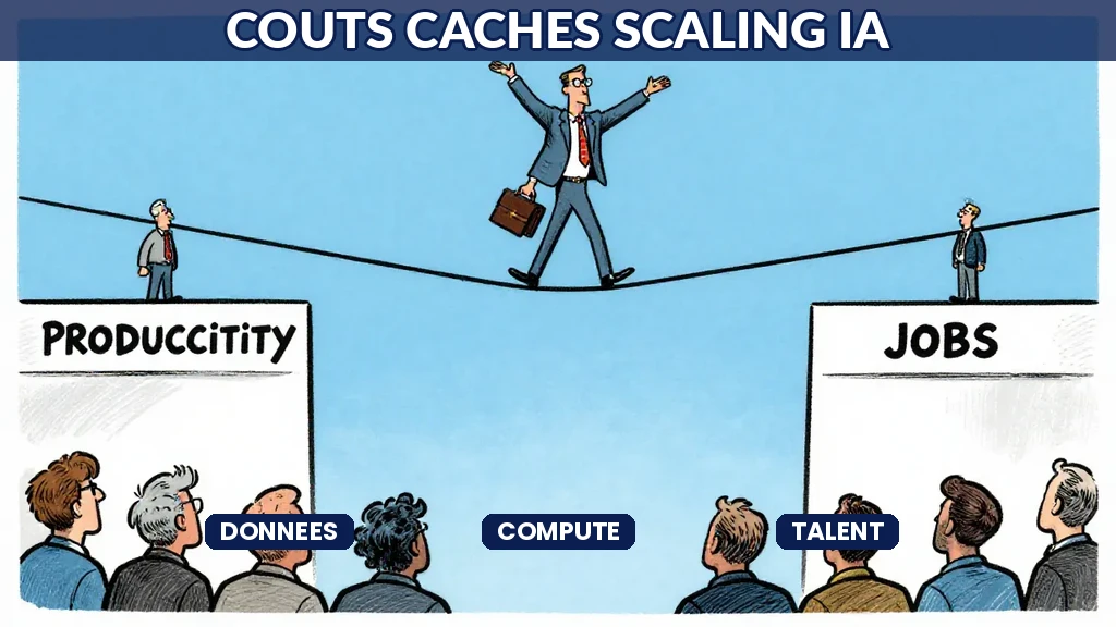 Schéma des coûts cachés du scaling IA montrant les dimensions données, infrastructure de calcul et acquisition de talents spécialisés