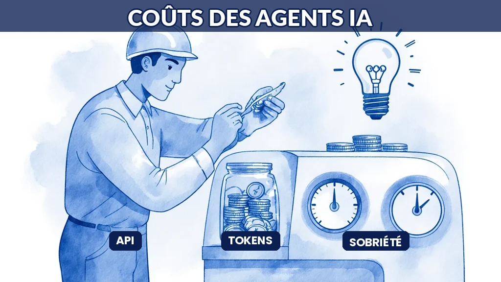 Illustration d'une équipe technique optimisant les coûts d'un agent d'intelligence artificielle en surveillant la consommation des appels API